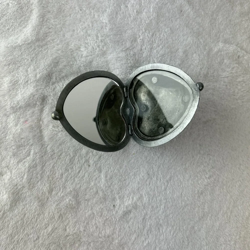 Compact Heart shaped Mirror box Antique Silver Tone Metal
